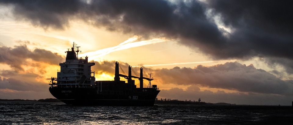 Freighter at sunset