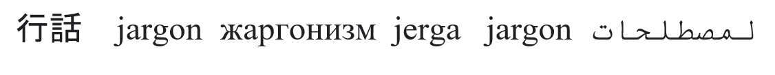 The word 'jargon' translated to the six official languages of the United Nations (as translated by Google Translate).