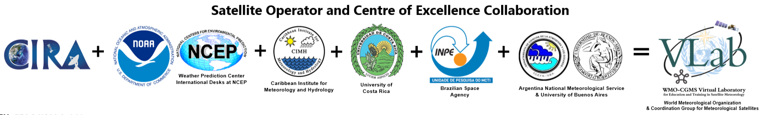 Logos for 6 organizations that collaborate to represent the WMO-CGMS Virtual Laboratory.